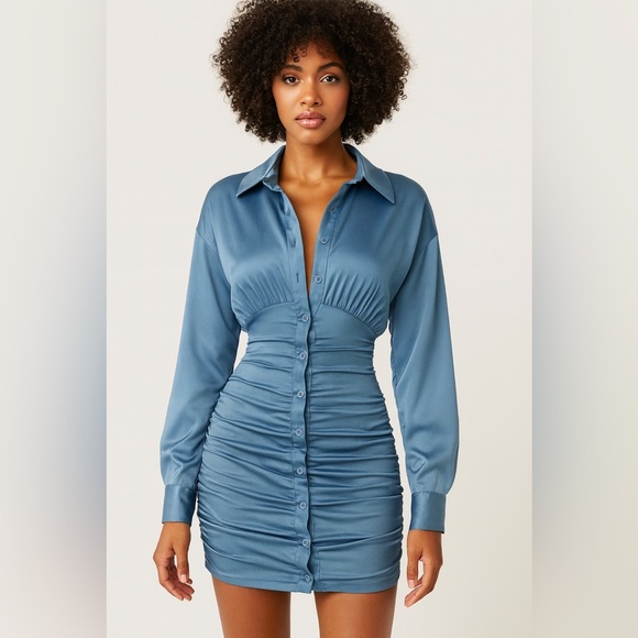 Cider • NWT Teal Satin Ruched Dress PTP 17”-20” - Picture 1 of 5